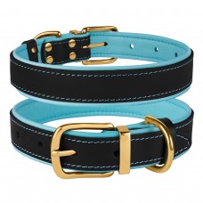 Нашийник для Собак Шкіряний BronzeDog Premium з Літою Латунною Фурнітурою та Адресником Чорно-Блакитний  L(61032/Т) 