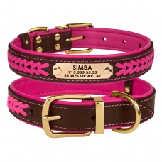 Нашийник для Собак Шкіряний BronzeDog Premium з Литою Латунною Фурнітурою та Адресником Коричнево-Рожевий  L(61077/Т) 
